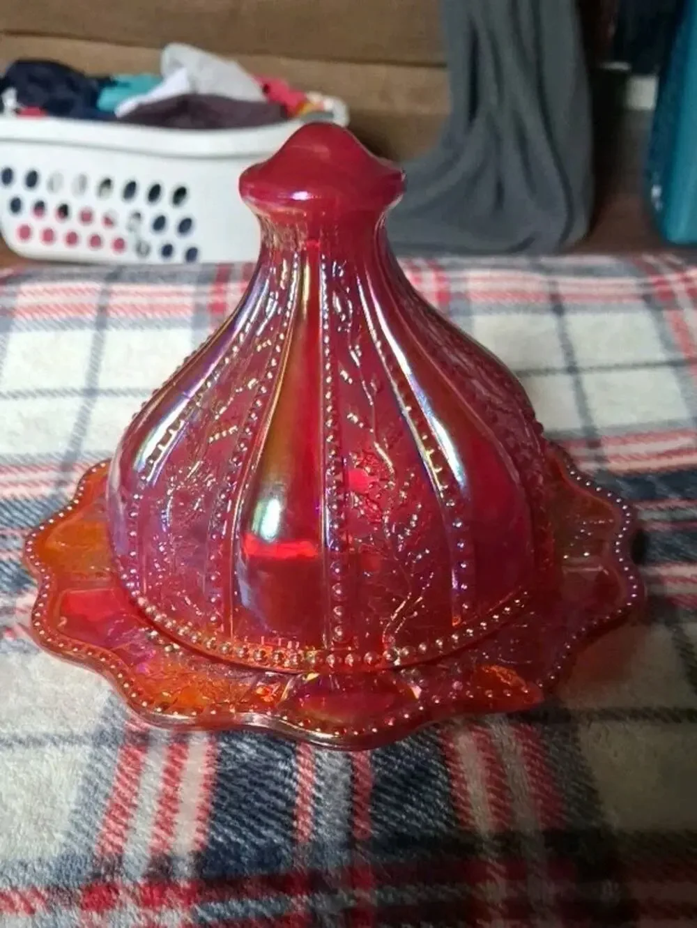 Vintage Amberlina Carnival Glass Domed Butter Dish Beaded Holly Summit UV